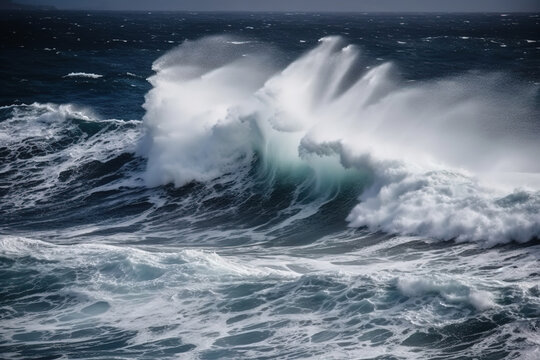 Waves Breaking and Spraying at High Seas and Strong Winds, generative ai 