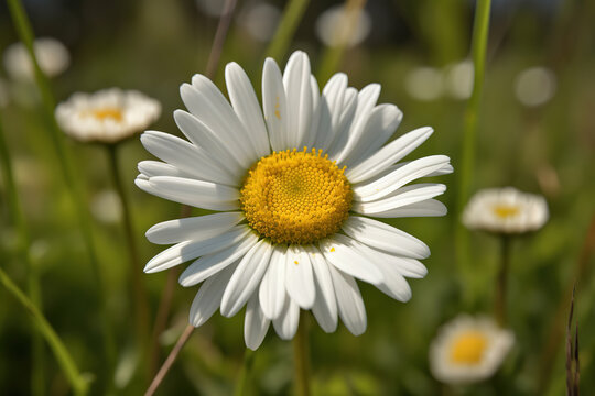 white daisy with a yellow center surrounded by a field of green grass, generative ai 