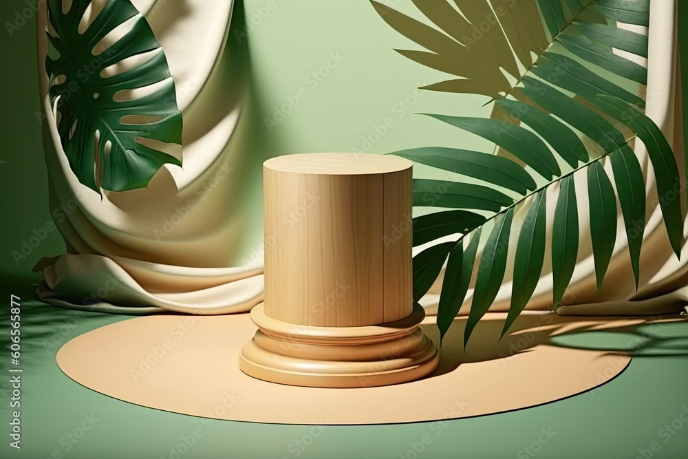 Poster wooden cylindrical podium and pedestal with a beige drape and a palm leaf shadow on a green backgrou
