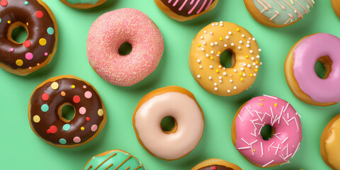 Close-up Top view of delicious vanilla doughnuts with colored glaze isolated on a flat green surface background. Creative wallpaper with donuts. Generative AI professional photo imitation.