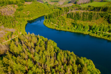 Fototapeta premium Aerial view of green summer forest and blue lake