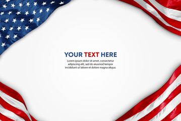 USA flag on white background. For USA Memorial Day, Veteran's Day, Labor Day, or the 4th of July celebration. Text Over White Wall Texture Background and American Flags. With blank space for text.	
