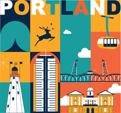 Typography word "Portland" branding technology concept. Collection of flat vector web icons. Culture travel set, famous architectures, specialties detailed silhouette. American famous landmark