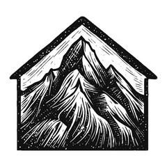 mountains landscape in a house shape retro vector sketch