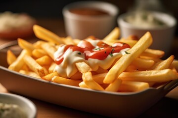 fried fries with tomato sauce and mayonnaise Cinematic Editorial Food Photography - obrazy, fototapety, plakaty