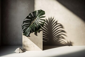 Little product placement in the background, along with a palm shadow on a concrete wall. Interior planning for opulent summer homes. Mockup of a contemporary tropical design. Generative AI