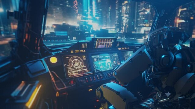 Robot in the Cockpit of a spaceship, Futuristic interface, Metallic textures, neon light, sci-fi style, background for music