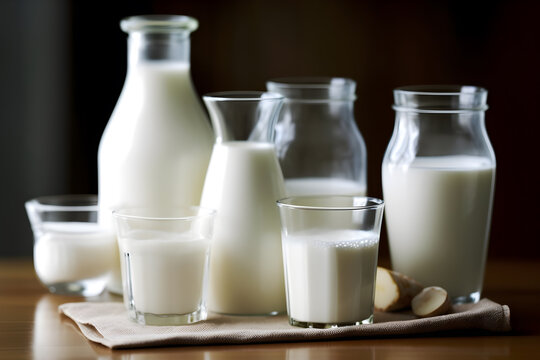 Glass bottles of fresh milk stand out, looking lovely and tasty.generate with AI