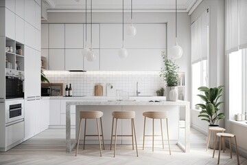 Fototapeta premium Contemporary minimalist interior design concept idea, all white modern Scandinavian kitchen project with island, stools and pendant lamps, cabinets and accessories,. Generative AI