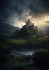 An ancient mythical castle landscape scenic on a stormy evening, generative ai 