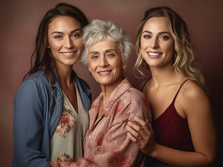 family portrait of senior mother and two adult daughters. AI generative