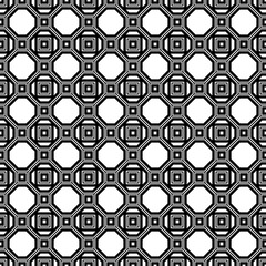 Repeated black figures and lines on white background. Symmetric geometric wallpaper. Seamless surface pattern design with regular octagons and squares. Tiles motif. Digital paper for textile print.