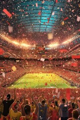 Enthusiastic fans cheer on favorite team with confetti raining down. (Generative AI)
