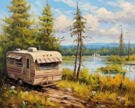 A camper's mobile home with a view of nature. (Generative AI)