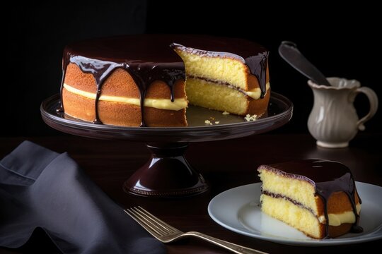 Decadent Boston Cream Pie served on dark platter with dark background with slice on white plate. AI Generated