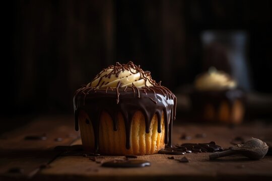 Indulgent Boston Cream Pie Cupcake served on wood table drizzled chocolate sauce and whipped cream with blurred background. AI Generated