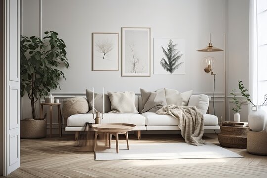 Design sofa, tropical plant, pillows, blanket, gramophone, and mock up picture frames are all featured in this stylish Scandinavian white room. Modern living area with white walls and Generative AI