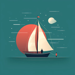Illustration of a boat on water, profile view minimalism, clean design silhouettes on boat Generative AI