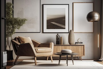 Contemporary living room with wooden side table, sparse furnishings, and art frame. Art and print mockups can be utilized with the empty frame mockup that is hung on the wall. Depth of Generative AI