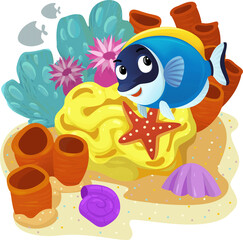 cartoon scene with coral reef with swimming cheerful fish isolated element illustration for children