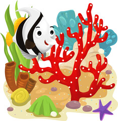 cartoon scene with coral reef with swimming cheerful fish isolated element illustration for children