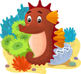cartoon scene with coral reef with swimming fish sea horse isolated element illustration for children