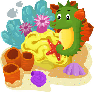 cartoon scene with coral reef with swimming fish sea horse isolated element illustration for children