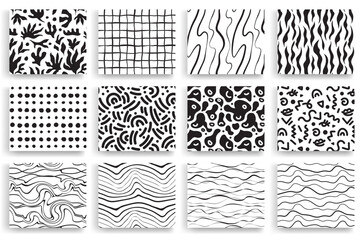 Black and white patterns collection. Seamless doodle modern backgrounds.