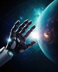 Fototapeta na wymiar a robot hand in space with earth in the background