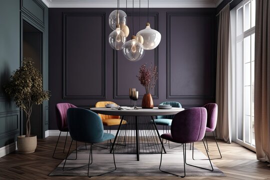 Dining area with black circle table and bright extremely colorful seats. Interior design with trendy hues. Mockup of an empty wall. Generative AI