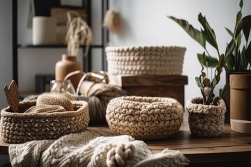 Decoration idea using natural crafts in the home. a room with pleasant interior bohemian décor. a wooden table with beige knitted baskets. Handmade. Jute based knitted pots that are Generative AI