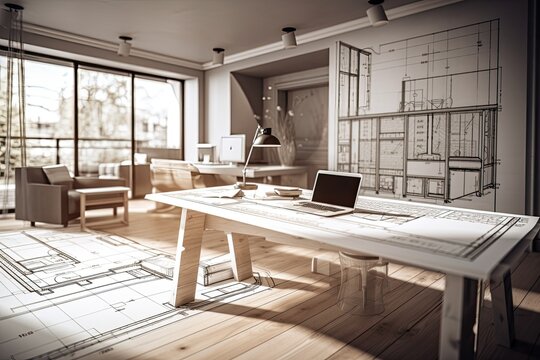 Concept of an architect's workstation with a laptop on a wooden work desk, a screen exhibiting an interior design project, a background of a draft blueprint, and a contemporary white Generative AI