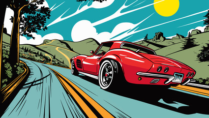 Retro race car on road and colorful background. Comic book style
