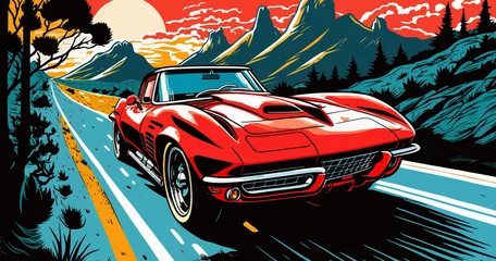 Foto op Plexiglas Retro race car on road and colorful background. Comic book style © dreamer82