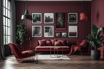 Dark crimson and maroon interior with four picture frames on the wall but no furniture and an empty space for a poster presentation. Generative AI