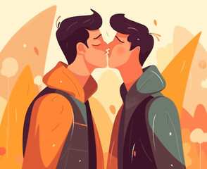 Two gay men kissing. LGBTQ manifesto. Respect, tolerance, equality.