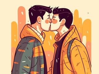 Two gay men kissing. LGBTQ manifesto. Respect, tolerance, equality.
