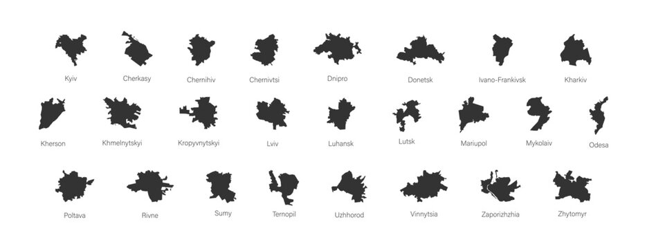 Silhouettes of maps of 25 Ukrainian cities. Set of black icons: Kyiv, Lviv, Odesa, Dnipro, etc. Isolated vector illustration