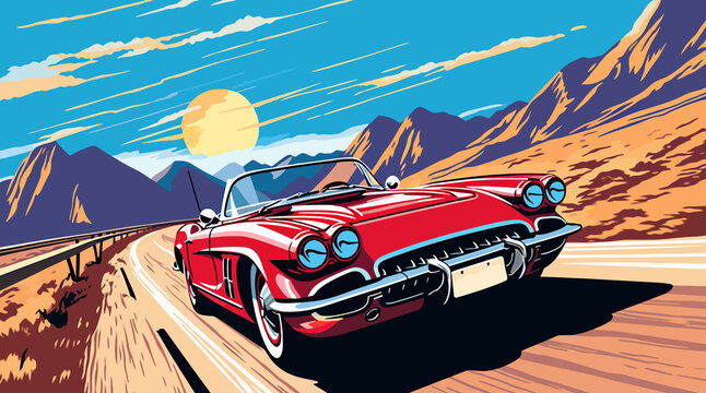Naklejki Retro race car on road and colorful background. Comic book style