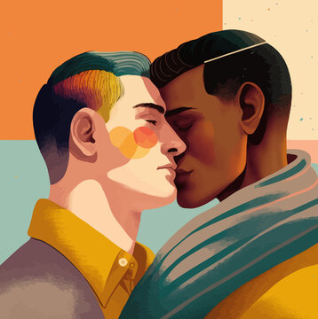 Two gay men kissing. LGBTQ manifesto. Respect, tolerance, equality.