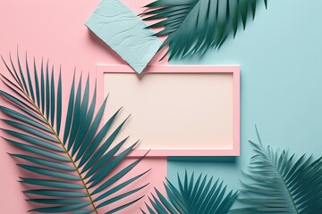 Fototapeta na wymiar painted palm leaves with text space on a background of soft pink and blue hues. Idea of a tropical summer. The amount of flat lays is minimal. Generative AI