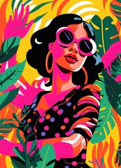 Naklejka na ściany i meble Girl in sunglasses among tropical leaves by Generative AI