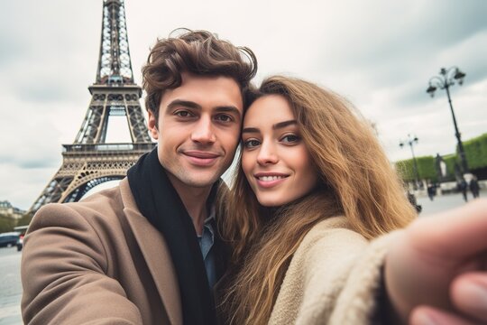 Romantic young couple selfie in Paris with Eiffel tower as background. Generative AI