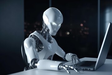 a robot using laptop