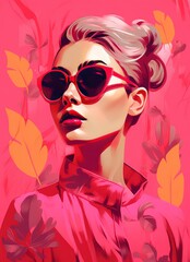 Fototapeta na wymiar Girl in sunglasses among tropical leaves by Generative AI