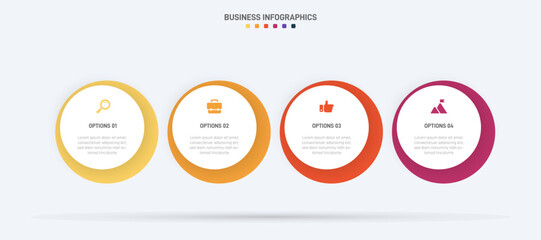 Timeline infographic with infochart. Modern presentation template with 4 spets for business process. Website template on white background for concept modern design. Horizontal layout.