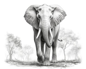 An elephant drawn realistically on the computer, isolated on white. (Generative AI)