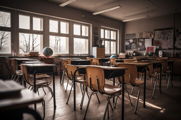 Fototapeta na wymiar Classroom with wooden chairs vintage tone