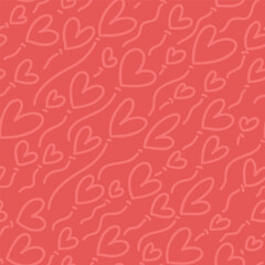 Seamless vector pattern with red linear hearts. Vector repeating texture with red colors outlined dynamic heart shapes. Repeatable romantic backdrop.