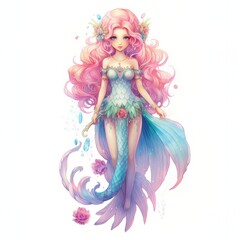 watercolor cute mermaid with Generative AI technology